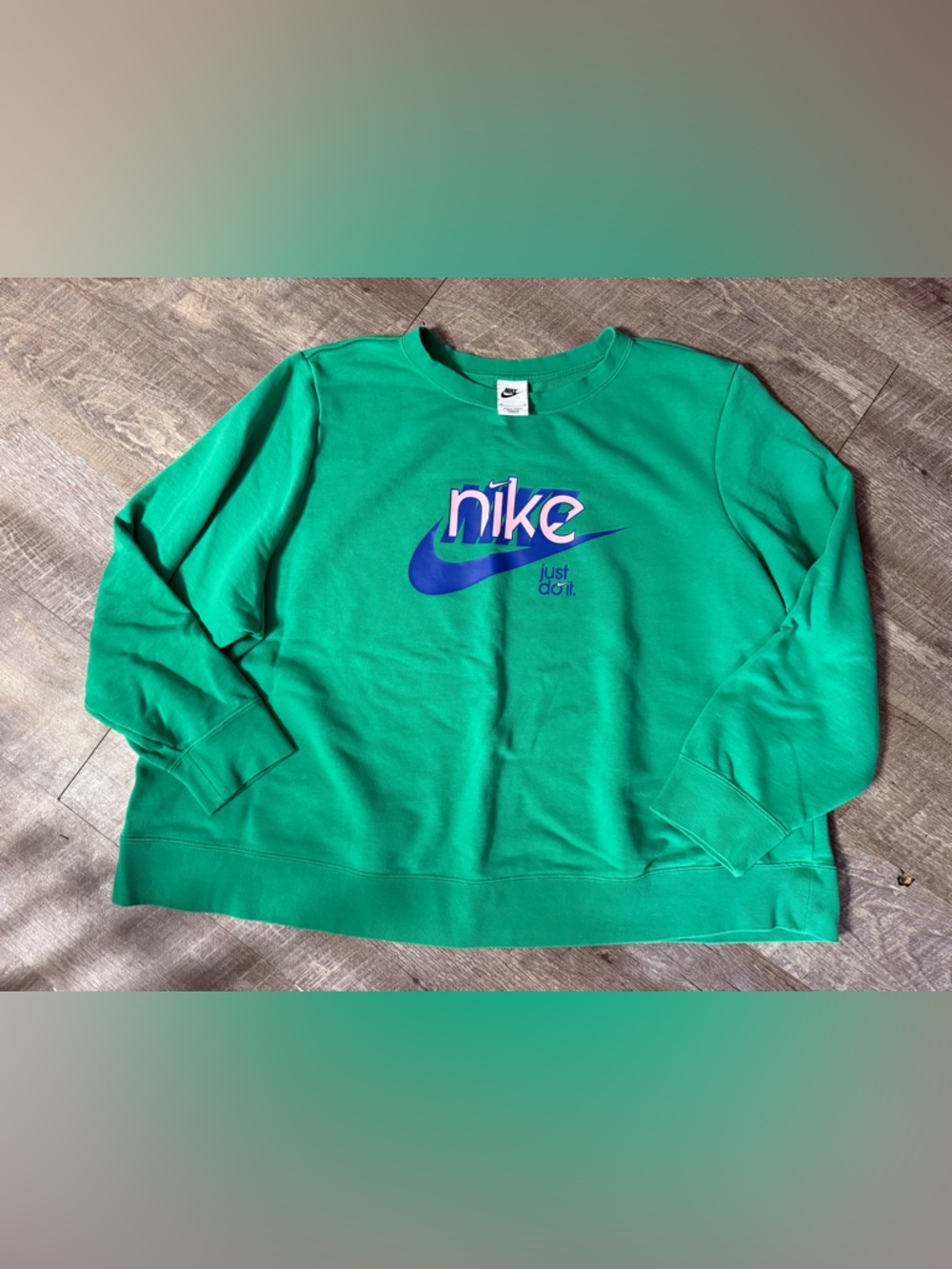 Nike Green Crewneck Sweatshirt with Blue and Pink Swoosh